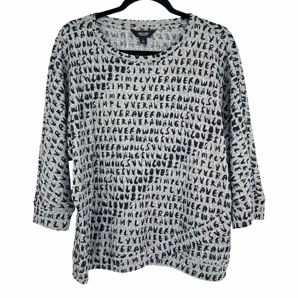 Simply Vera Vera Wang Women's L Gray Black Logo Knit Crew Neck 3/4 Sleeve